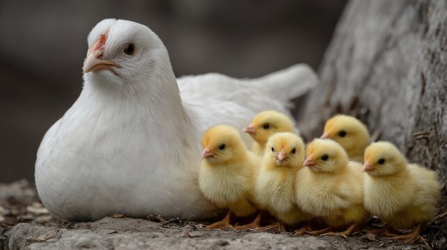 White hen protecting her adorable fluffy yellow chicks, caring mother hen with baby chicks, family bond in natural farm poultry, close-up domestic chicken with newborn hatchlings
