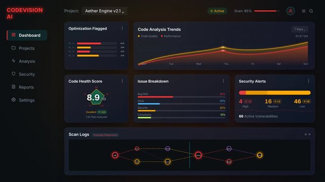 Monitoring telemetry of a automated vulnerability security auditor featuring a sast audit log threat level scanner inside a central operations desk panel, panoramic view.