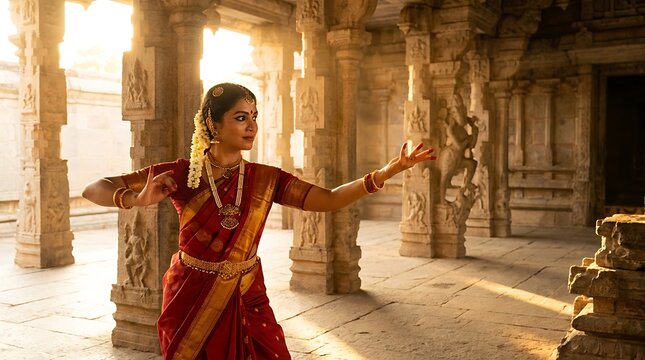 Indian classical dancer performing in an ancient stone temple