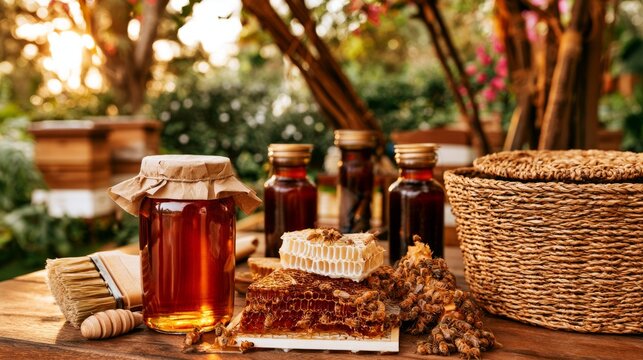Capturing Rustic Beauty of Beekeeping with Honey, Wax, and Natural Elements in a Serene Setting
