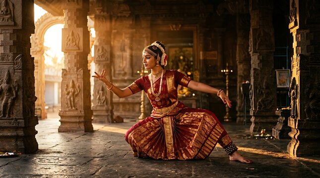 Indian woman performing classical bharatanatyam dance in temple