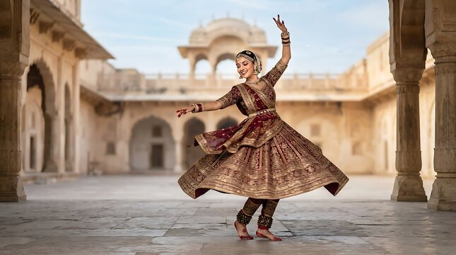 Indian woman performing classical kathak dance in old palace