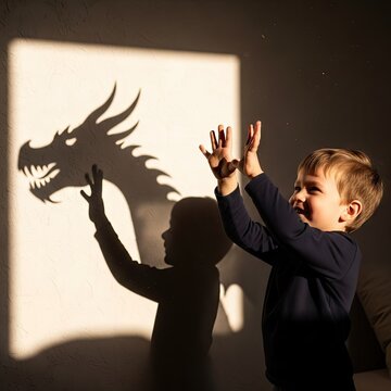 Child playing with shadow puppets on wall creating dragon shape