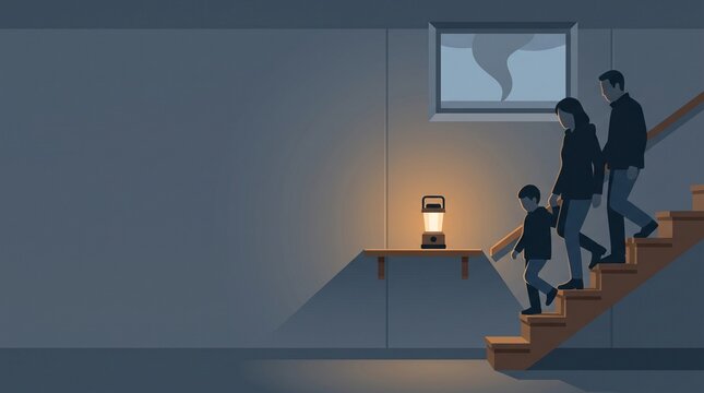 Family taking shelter in a storm basement during a tornado vector illustration