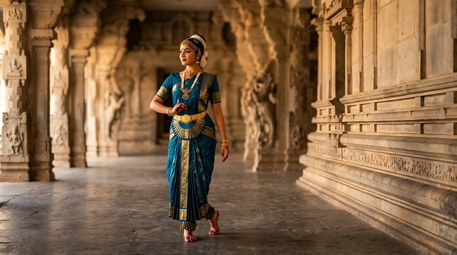 Indian woman performing classical dance in an ancient temple
