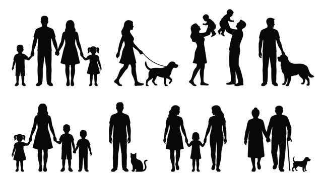 Set of silhouettes of families, people with pets and elderly