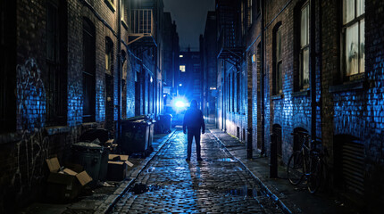 Obraz premium Hooded silhouette standing in dark alley lit by blue light.