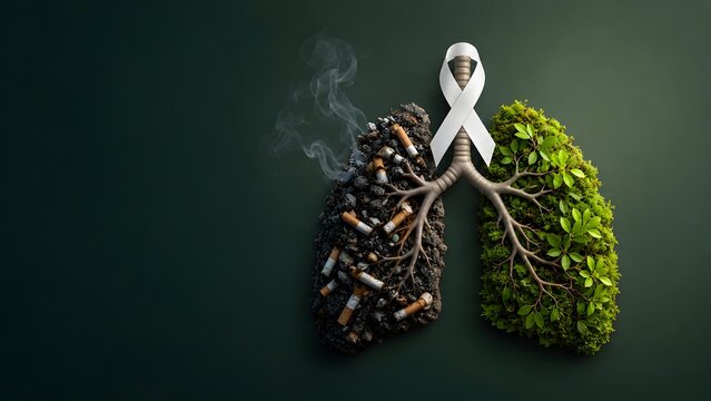 Lung cancer awareness concept showing healthy green plant organ contrasted with damaged smoking lungs filled with cigarettes and white ribbon