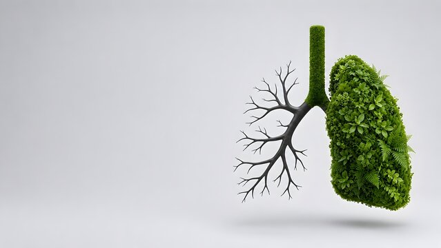 Environmental air quality concept with lung shape showing healthy green vegetation versus dead barren branches representing pollution impact
