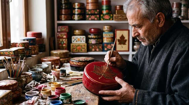 Kashmiri artisan hand-painting a Chinar leaf on a traditional lacquer box.