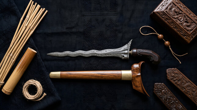 Top-view composition of an authentic keris with handcrafted cultural elements, ideal for museums, heritage publications