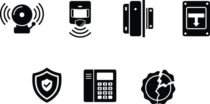 Set of black silhouette icons representing home and commercial security systems, alarm devices, and safety monitoring technology