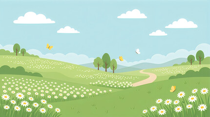 Obraz premium Pastoral landscape with rolling hills wildflowers and butterflies vector illustration