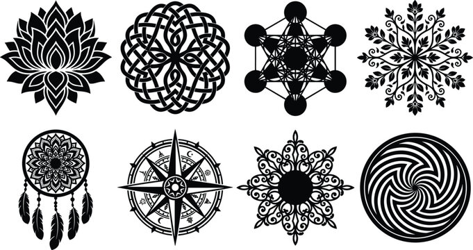 Set of black silhouette icons featuring spiritual symbols, sacred geometry, mandalas, dreamcatchers, and decorative ornate circular patterns