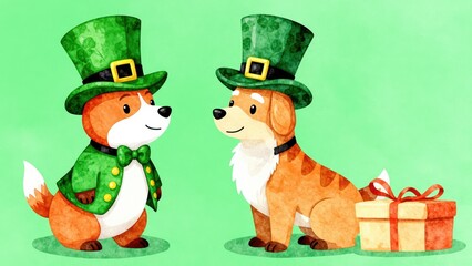 Fototapeta premium St. Patrick's Day Pooches: Two adorable dogs, dressed in festive green leprechaun attire and top hats, share a moment beside a gift box, radiating cheerful holiday spirit.