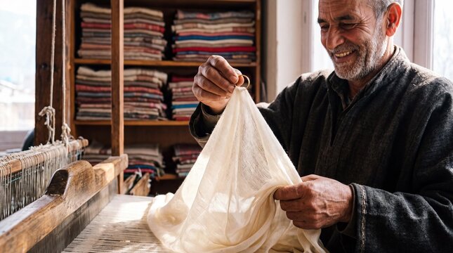 Kashmiri artisan performing a ring test on a fine handmade pashmina shawl