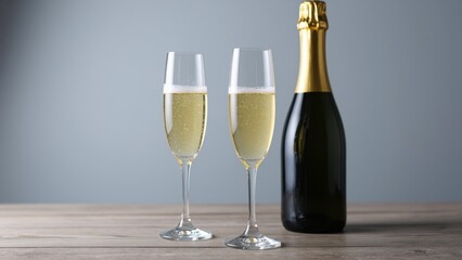 Obraz premium Champagne Celebration: Two flute glasses filled with sparkling champagne stand beside a gold-capped bottle, ready to toast a special occasion.