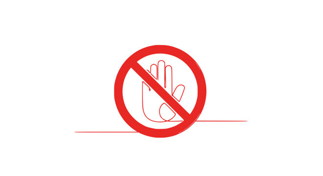 Red prohibition sign with open hand silhouette, stop gesture, no entry symbol, isolated on white background