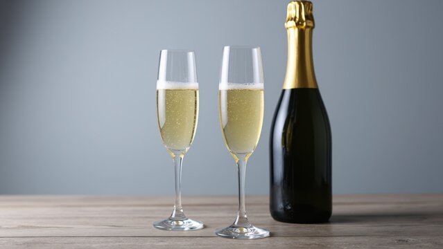 Champagne Celebration: Two flute glasses filled with sparkling champagne stand beside a gold-capped bottle, ready to toast a special occasion.