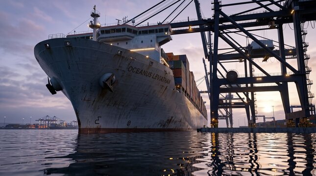 A large container ship is docked at a busy commercial port, with a massive gantry crane towering over it, reflecting in the calm water at sunrise or sunset.