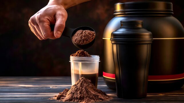 Chocolate Protein Powder in Scoop with Shaker and Container on Wooden Table for Fitness Nutrition