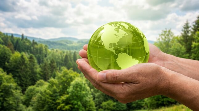Hands gently cradling a glowing green globe with a lush forest and bright sky in the background, symbolizing environmental care and sustainability.