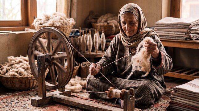 Kashmiri woman spinning fine pashmina cashmere wool on a traditional charkha.