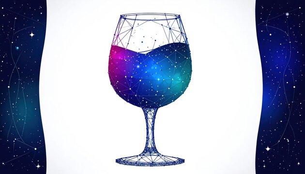 Futuristic wireframe wine glass filled with vibrant purple blue teal cosmic liquid isolated on a clean white background with starry night sky borders