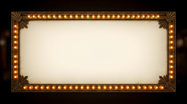 Vintage illuminated marquee sign with ornate frame and glowing light bulbs bordering a blank display