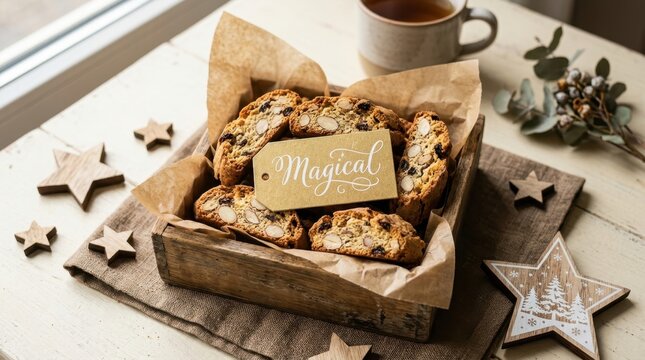 Delicious homemade almond cantucci biscotti with raisins served in a rustic wooden box decorated with wooden stars and a magical gold tag on a cozy kitchen table perfect for holiday gift inspirations.