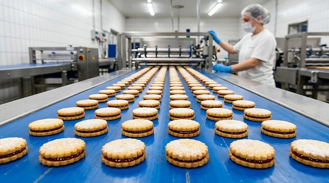 Worker at cookie production line. Automated biscuit manufacturing in a food factory.