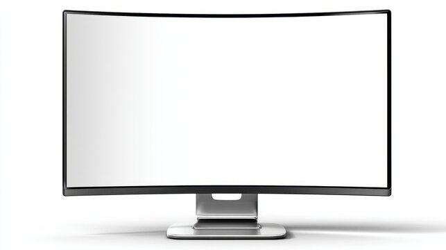 Curved computer monitor with a white screen and silver stand isolated on a white background in a studio shot