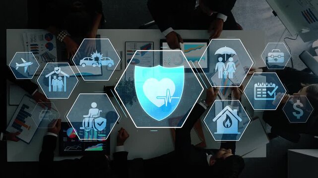 A diverse team of business professionals collaborates in a modern office setting, exploring innovative health insurance solutions illustrated by digital icons. Raster