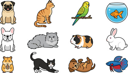Obraz premium Cute Domestic Pet Animal Collection Featuring Dog, Cat, Rabbit, Guinea Pig, Hamster, Bird, Fish and Cartoon Companion Vector Illustration Set