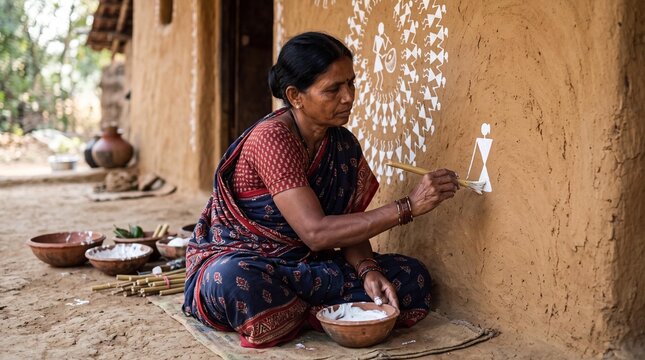 Indian woman painting traditional Warli folk art on a mud wall with rice paste