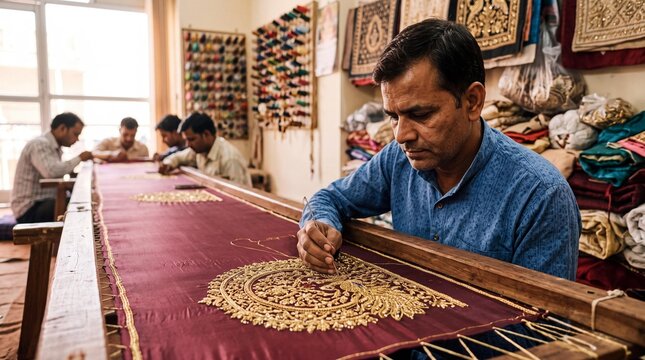 Indian karigar creating intricate gold zardozi embroidery on maroon fabric
