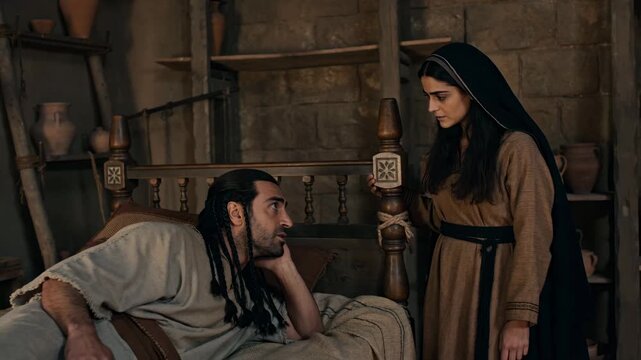 Biblical Scene Of Delilah Asking Samson About The Source Of His Great Power