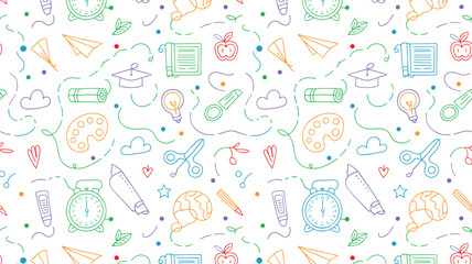 Hand drawn seamless pattern of colorful education and school supplies doodle icons on white background vector illustration © UsaRani