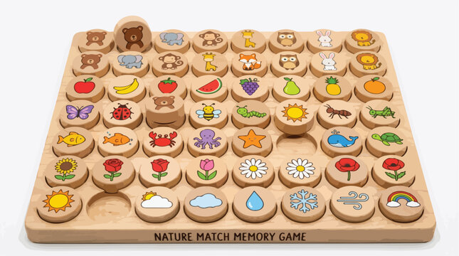 Nature Match Memory Game, wooden educational board with animal and fruit icons, Montessori learning toy vector, 64 piece matching set