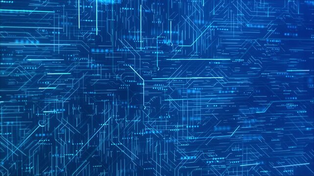 Glowing electronic circuit pattern visual with blue tech lines, dotted nodes, and dense digital board layout. Perfect for technology intros, software screens, and motion overlays.