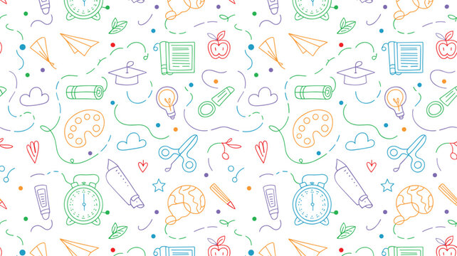 Hand drawn seamless pattern of colorful education and school supplies doodle icons on white background vector illustration