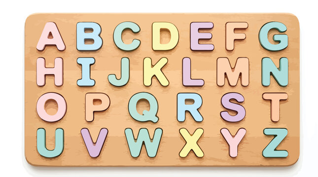 Wooden alphabet puzzle with pastel letters, educational toy for children, colorful abc learning board vector illustration