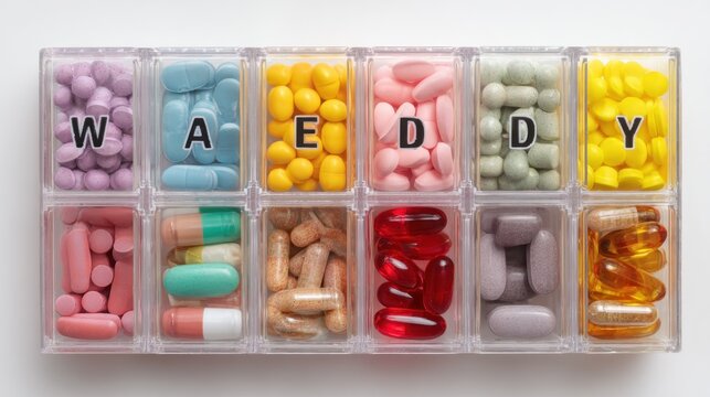 A clear weekly pill organizer, each compartment holding a different color & shape of medication. The letters W-E-D-D-Y label the days above