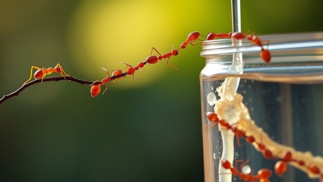 Fire ants forming living bridge siphoning liquid from sugar jar.