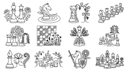 Chess Pieces, Decorative Elements, Flowers, Nature, Fantasy, Outline Style © Petrik