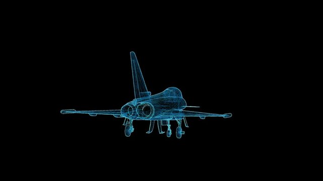 Futuristic 3D HUD wireframe fighter jet with seamless 360-degree rotation, holographic blueprint visualization for military, aerospace, and technology projects.