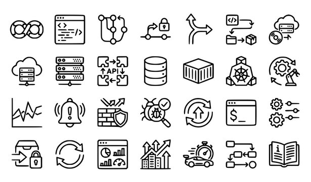 Software Development DevOps and Cloud Infrastructure Line Icons Pack Editable Stroke 64x64 Vector