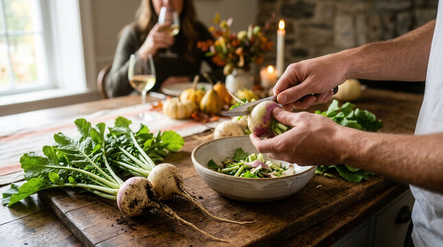 Gathering And Preparing Fresh Turnips For A Delicious Autumn Meal