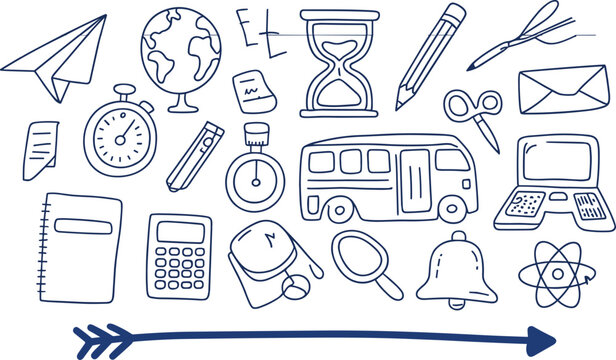 Hand drawn outline doodle set of school education icons with stationery supplies and classroom objects vector illustration