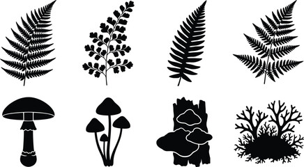 Set of black silhouette icons featuring diverse forest plants, ferns, mushrooms, and moss for nature themed designs © MDMORSALIN
